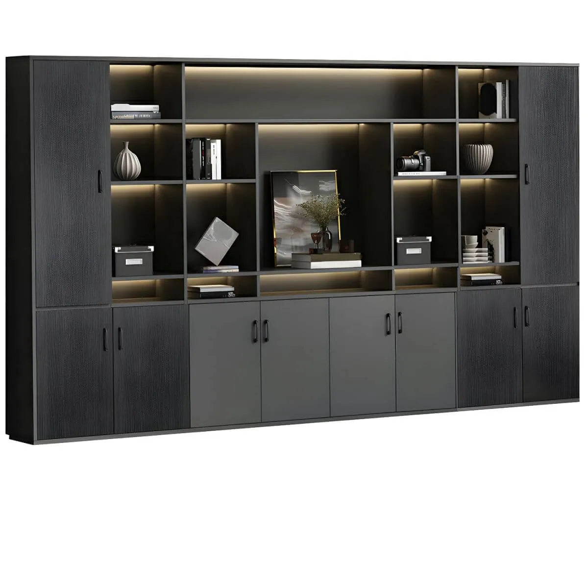 Architectural Wood Storage Wall Cabinet With Shelves and Lighting