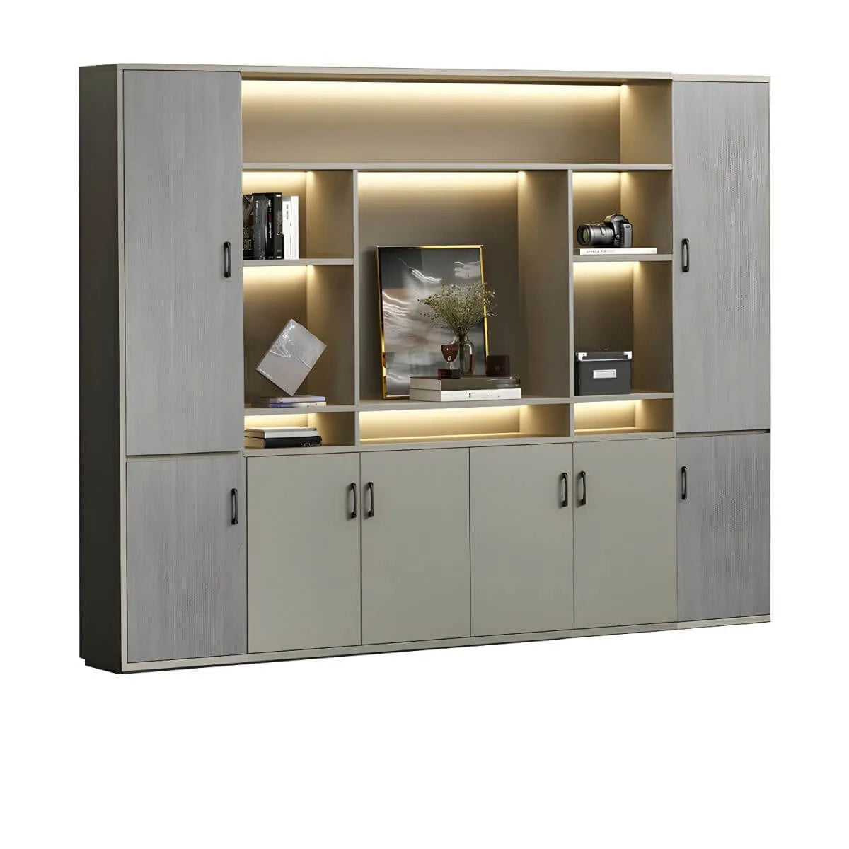 Architectural Wood Storage Wall Cabinet With Shelves and Lighting