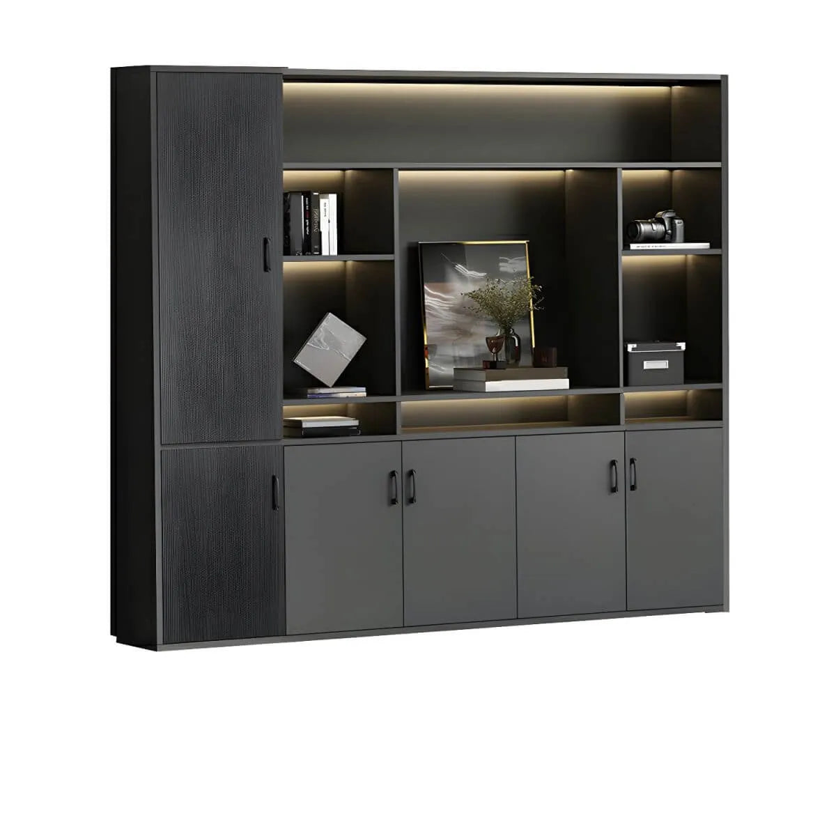 Architectural Wood Storage Wall Cabinet With Shelves and Lighting