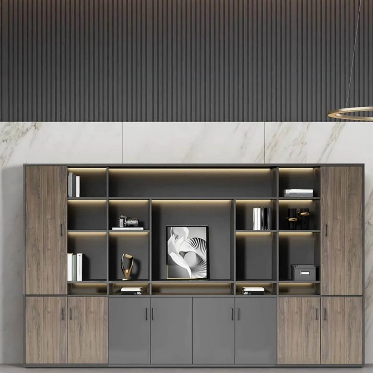 Architectural Wood Storage Wall Cabinet With Shelves and Lighting