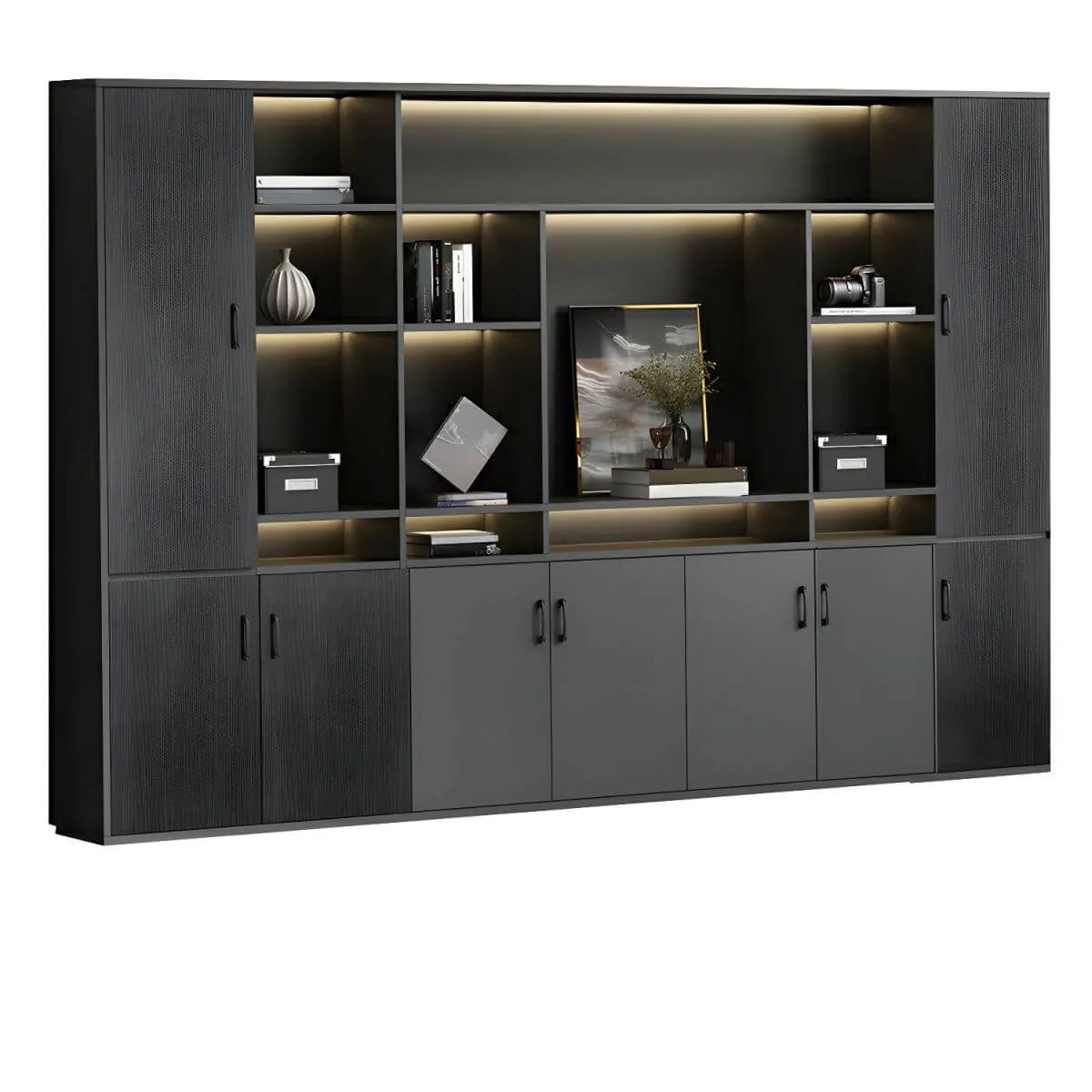 Architectural Wood Storage Wall Cabinet With Shelves and Lighting