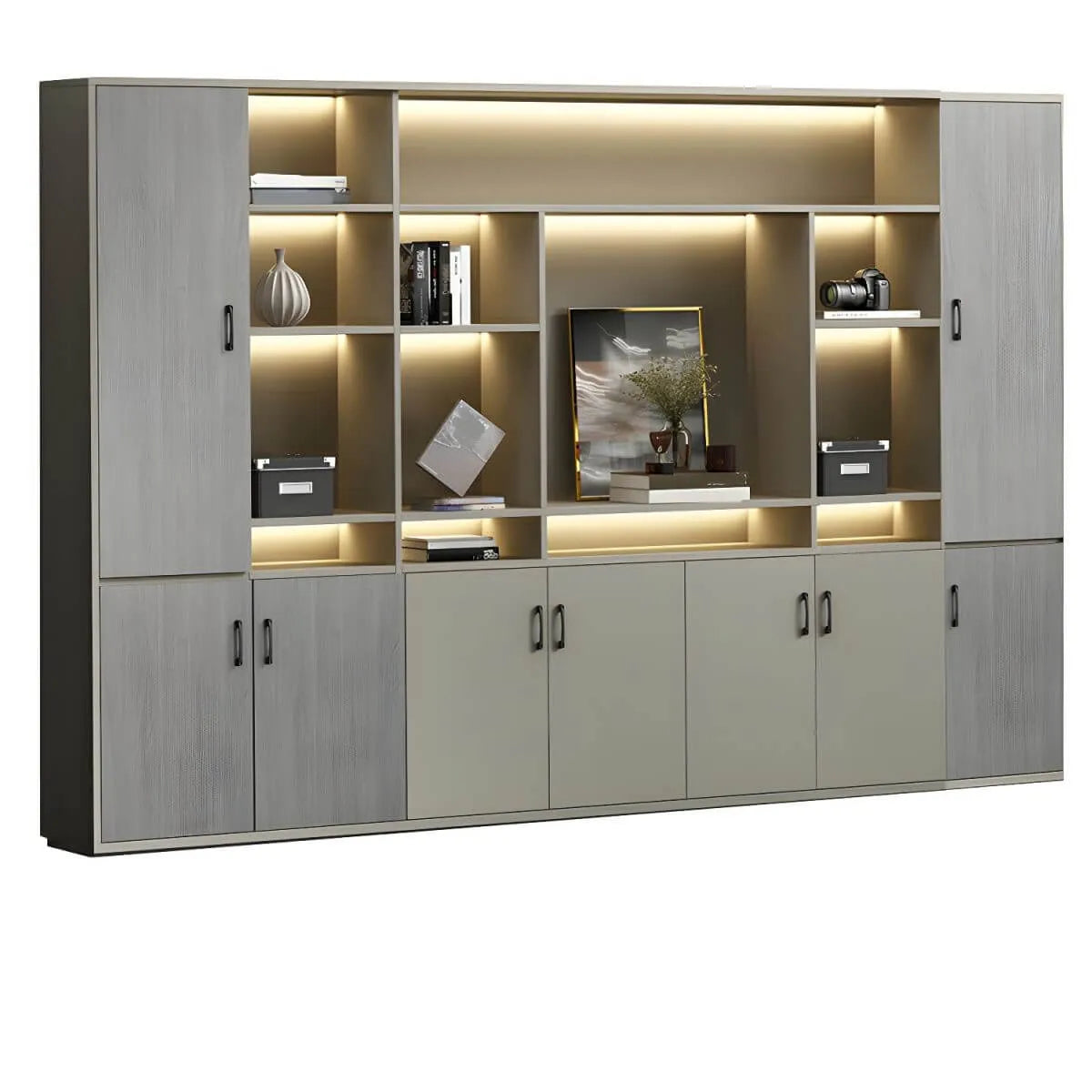 Architectural Wood Storage Wall Cabinet With Shelves and Lighting