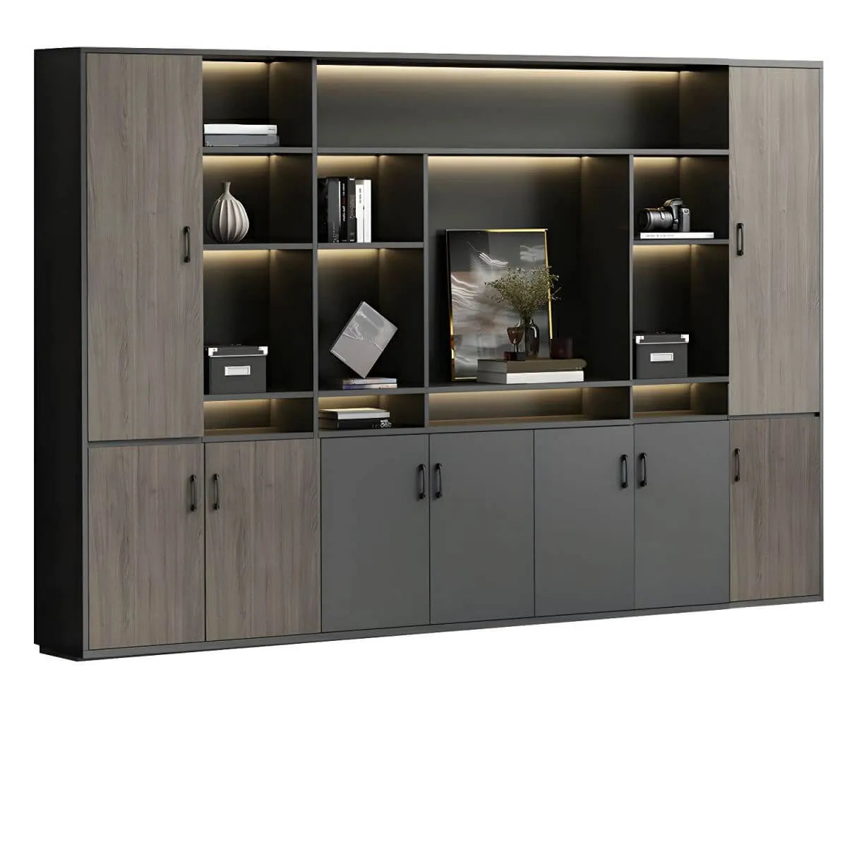 Architectural Wood Storage Wall Cabinet With Shelves and Lighting