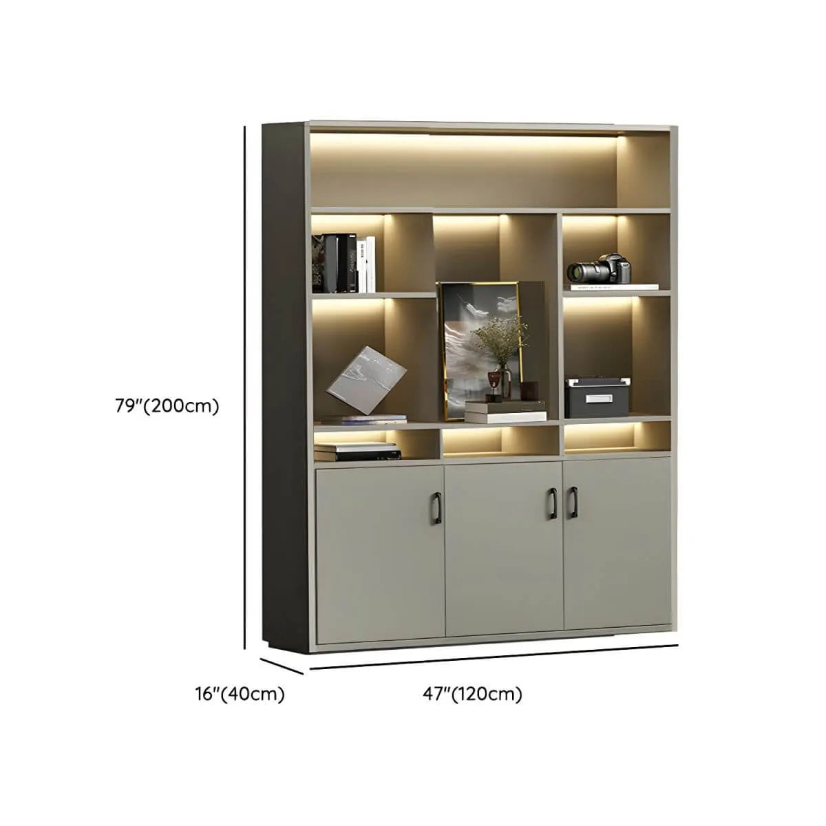 Architectural Wood Storage Wall Cabinet With Shelves and Lighting Dimensions