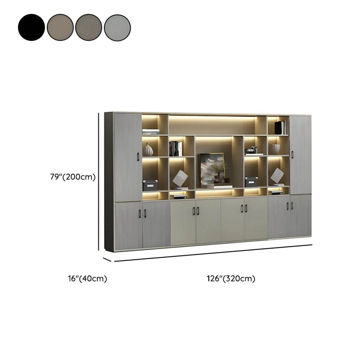 Architectural Wood Storage Wall Cabinet With Shelves and Lighting Dimensions