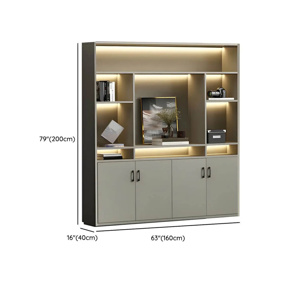 Architectural Wood Storage Wall Cabinet With Shelves and Lighting Dimensions