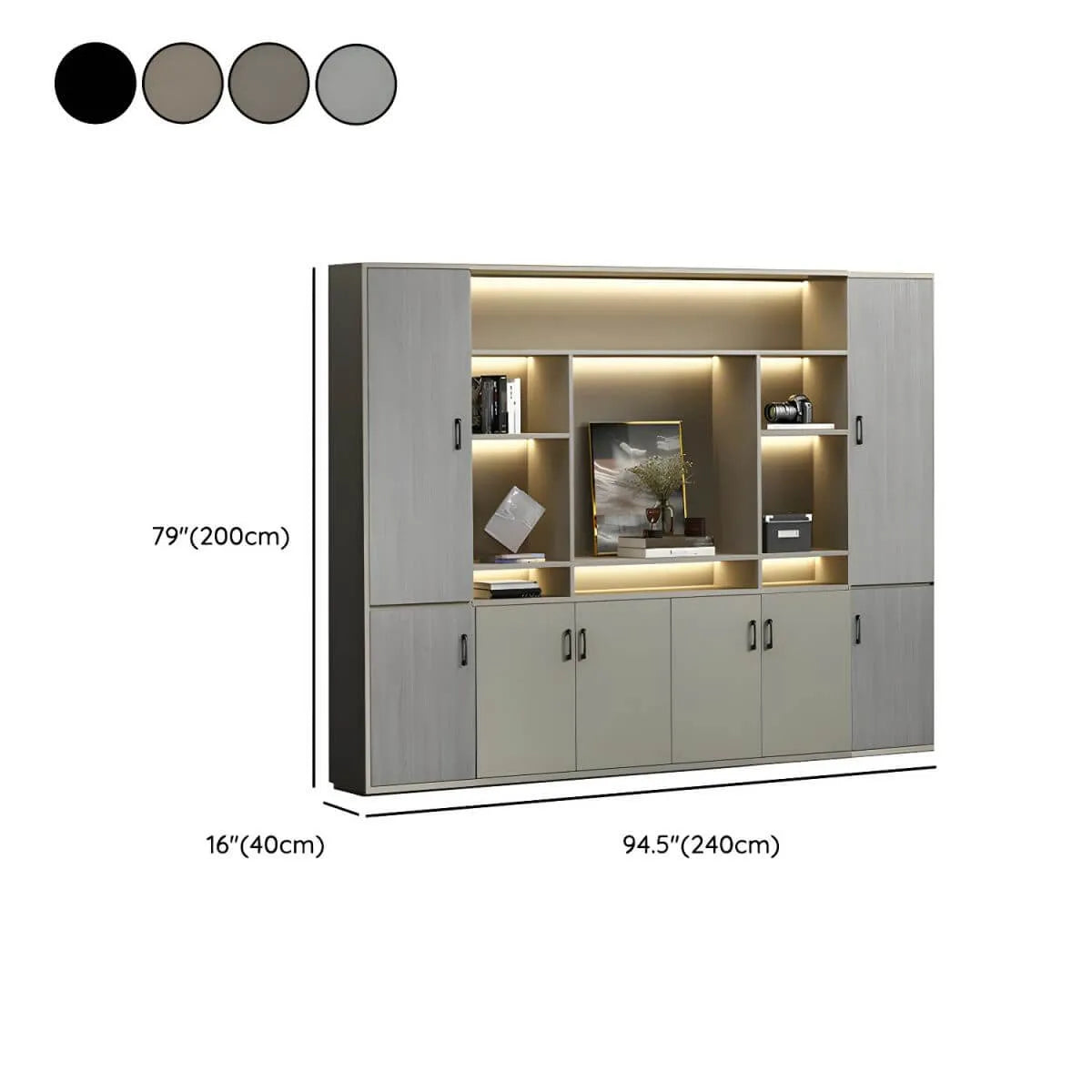 Architectural Wood Storage Wall Cabinet With Shelves and Lighting Dimensions