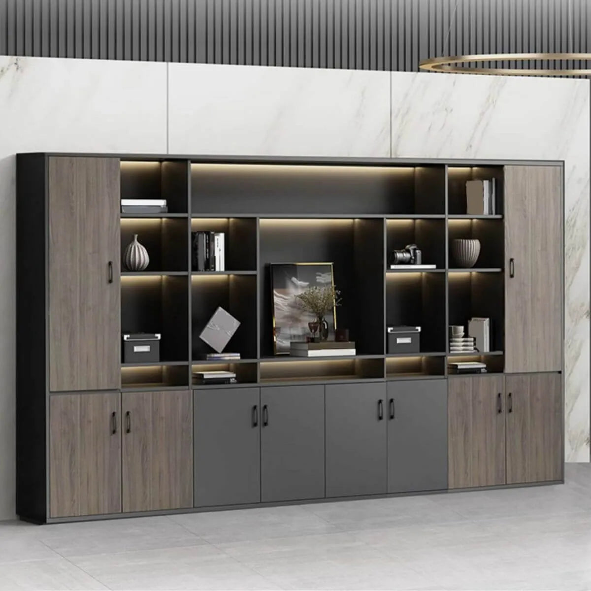 Architectural Wood Storage Wall Cabinet With Shelves and Lighting Main Product Image Main image