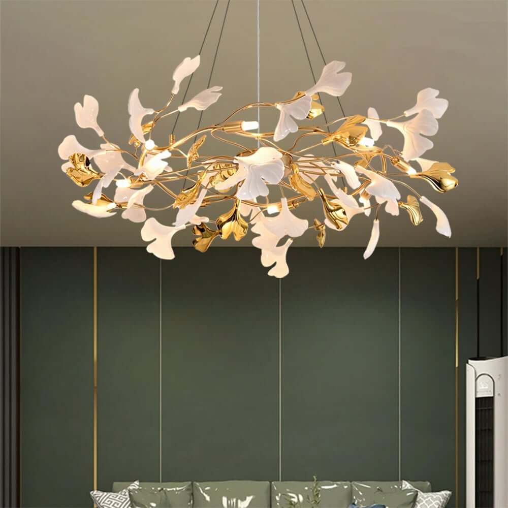 Art Deco 8-Light Gold Chandelier with Ginkgo Leaf Design Image secondaire du produit