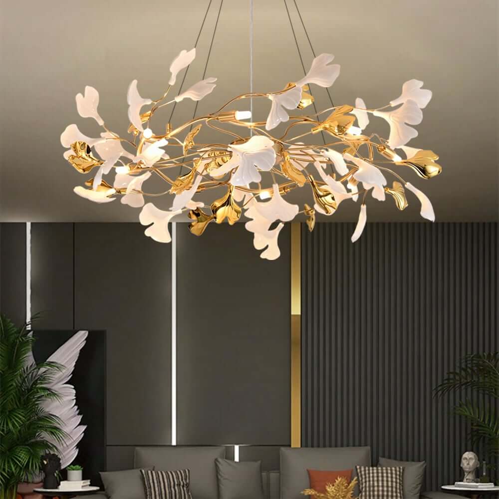 Art Deco 8-Light Gold Chandelier with Ginkgo Leaf Design