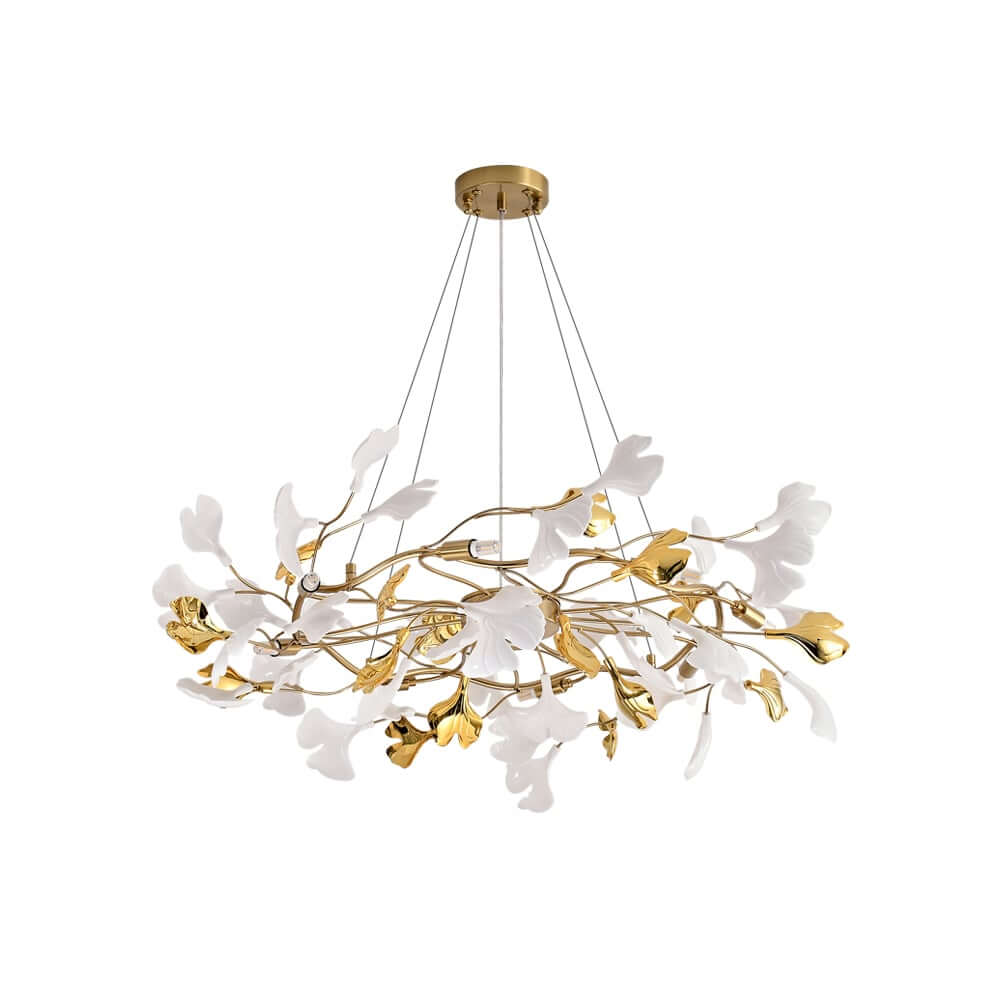 Art Deco 8-Light Gold Chandelier with Ginkgo Leaf Design