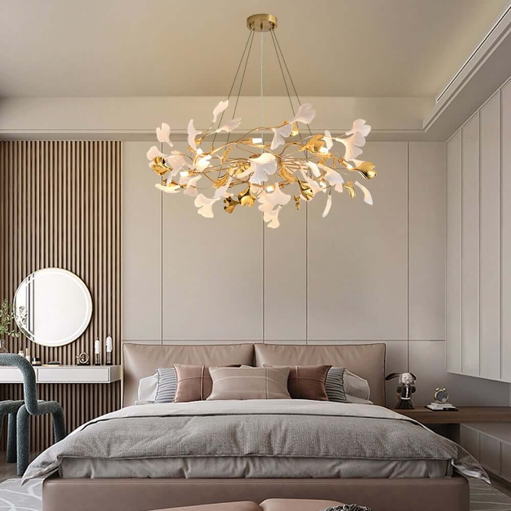 Art Deco 8-Light Gold Chandelier with Ginkgo Leaf Design