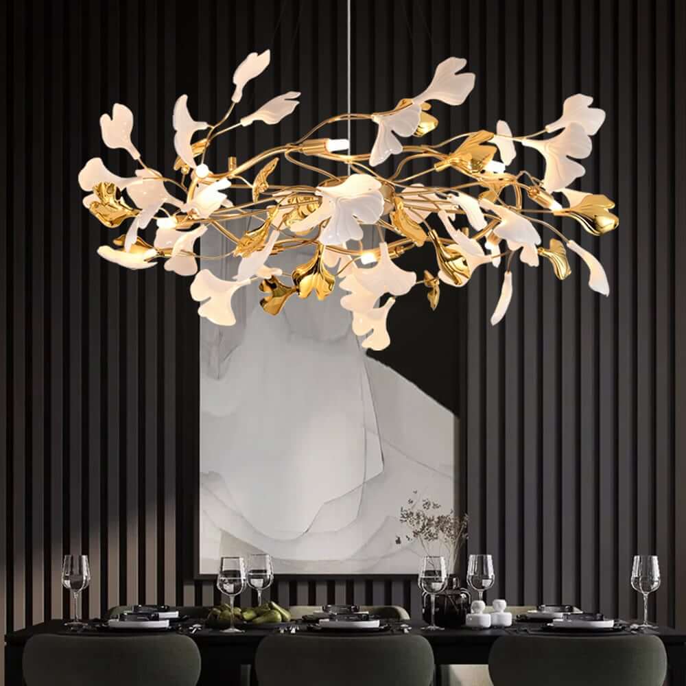 Art Deco 8-Light Gold Chandelier with Ginkgo Leaf Design