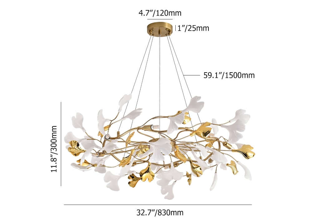 Art Deco 8-Light Gold Chandelier with Ginkgo Leaf Design Dimensions