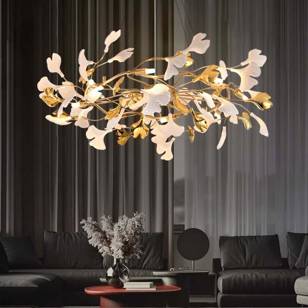 Art Deco 8-Light Gold Chandelier with Ginkgo Leaf Design Main Product Image Image principale du produit