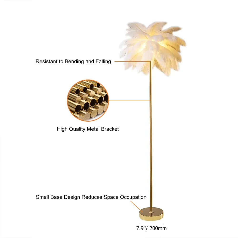 Art Deco Feather Floor Lamp with Rose Gold Base and Green Shade