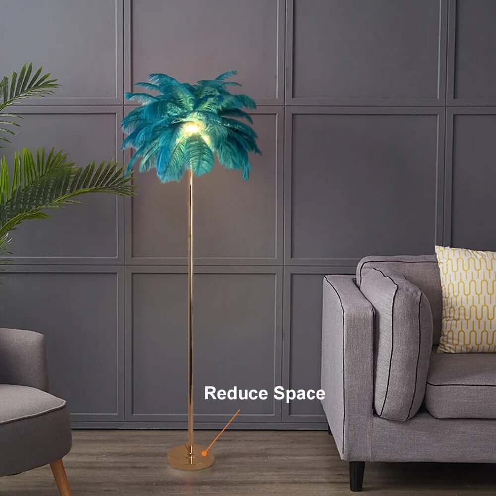 Art Deco Feather Floor Lamp with Rose Gold Base and Green Shade