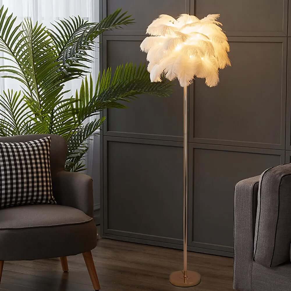 Art Deco Feather Floor Lamp with Rose Gold Base and Green Shade