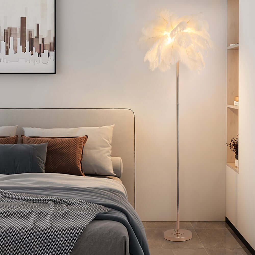 Art Deco Feather Floor Lamp with Rose Gold Base and Green Shade