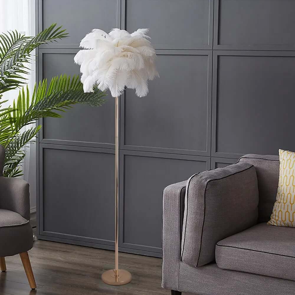 Art Deco Feather Floor Lamp with Rose Gold Base and Green Shade