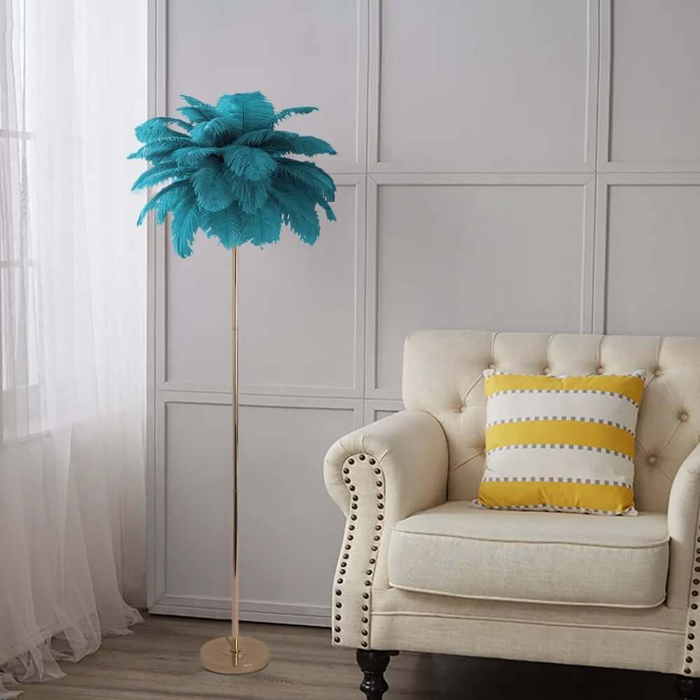 Art Deco Feather Floor Lamp with Rose Gold Base and Green Shade