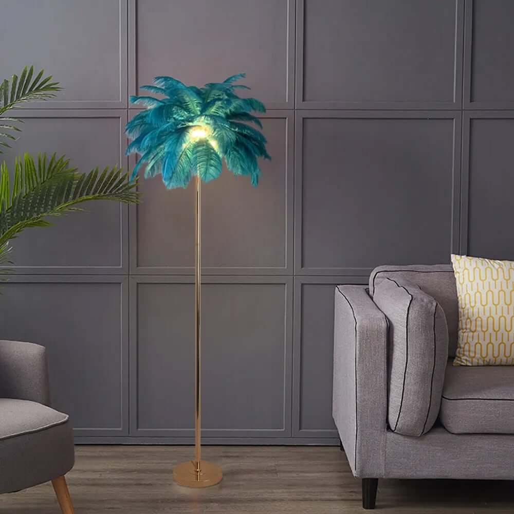 Art Deco Feather Floor Lamp with Rose Gold Base and Green Shade Main Product Image Image principale du produit