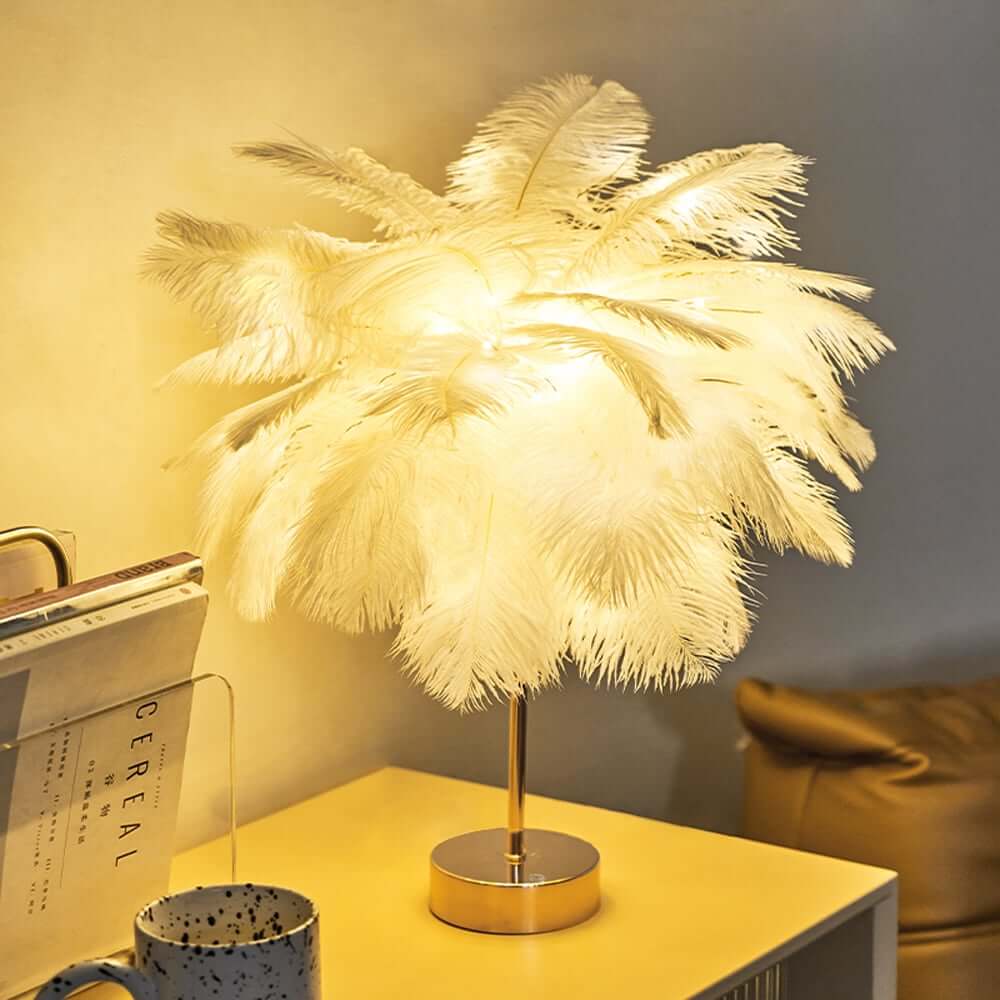 Art Deco Feather Table Lamp - LED Ambient Lighting with Natural Feathers
