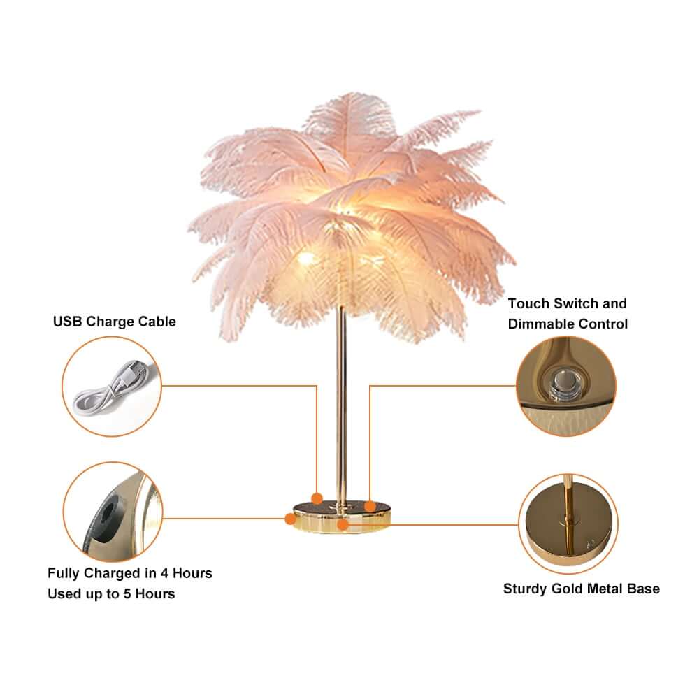 Art Deco Feather Table Lamp - LED Ambient Lighting with Natural Feathers