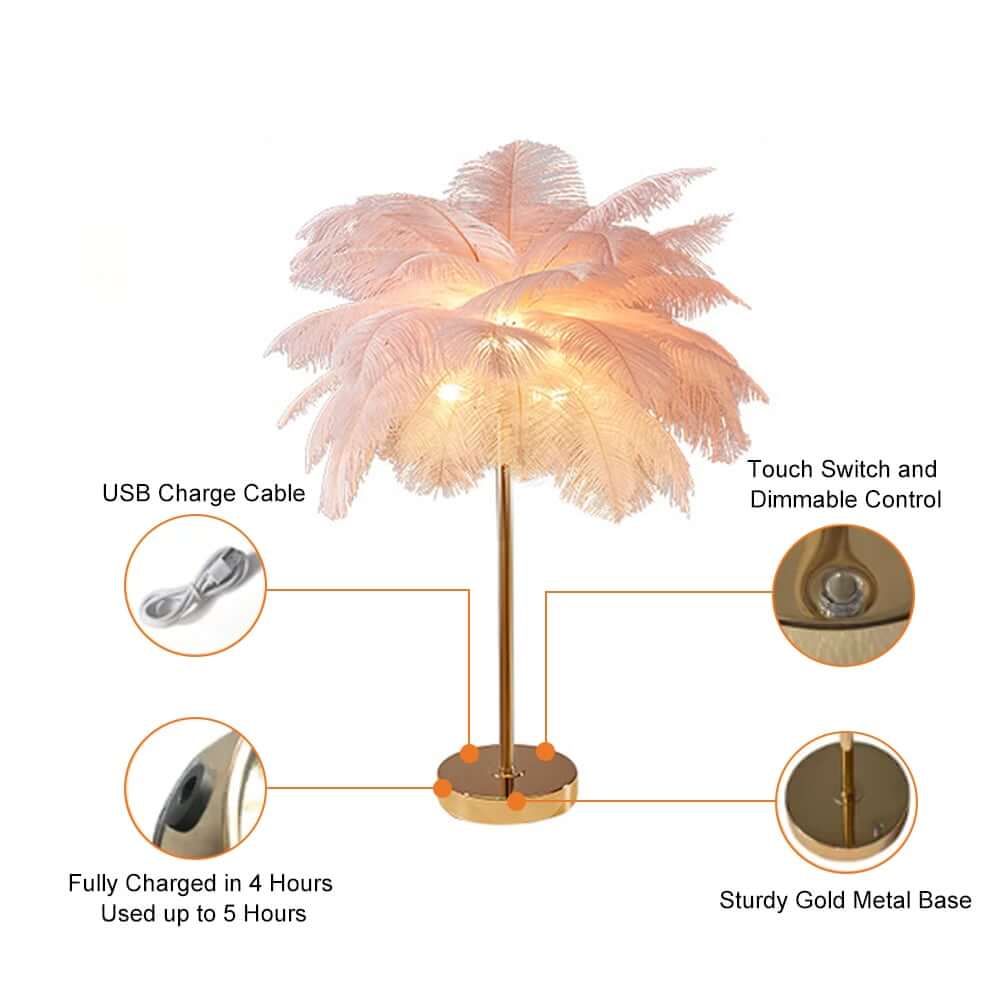 Art Deco Feather Table Lamp - LED Ambient Lighting with Natural Feathers