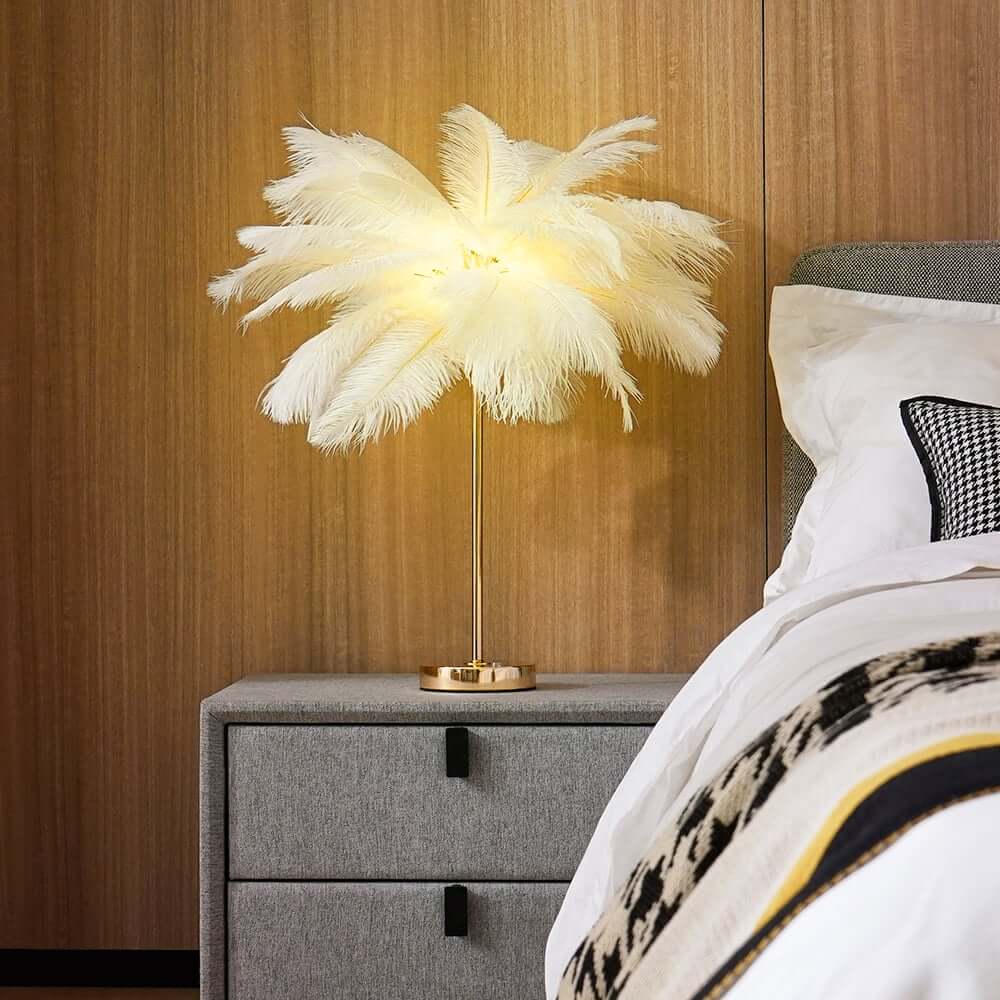Art Deco Feather Table Lamp - LED Ambient Lighting with Natural Feathers