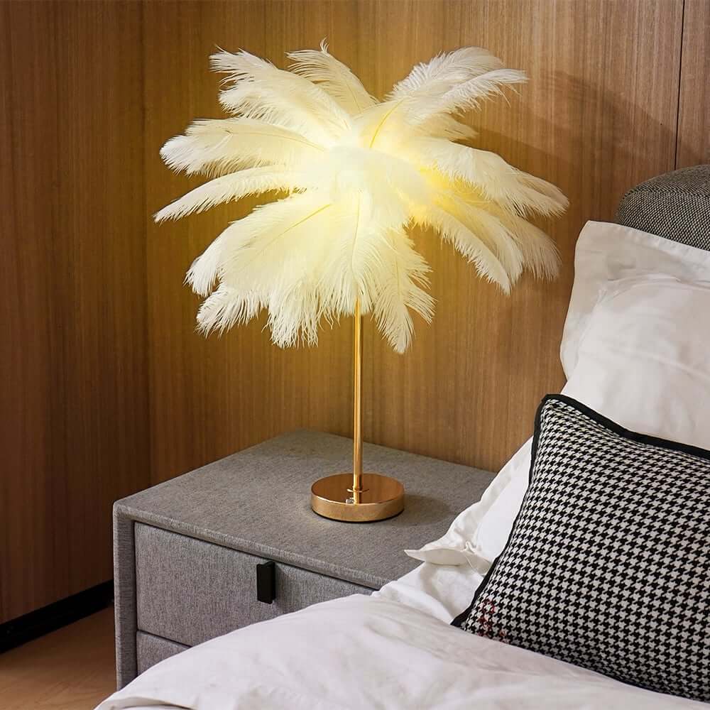 Art Deco Feather Table Lamp - LED Ambient Lighting with Natural Feathers