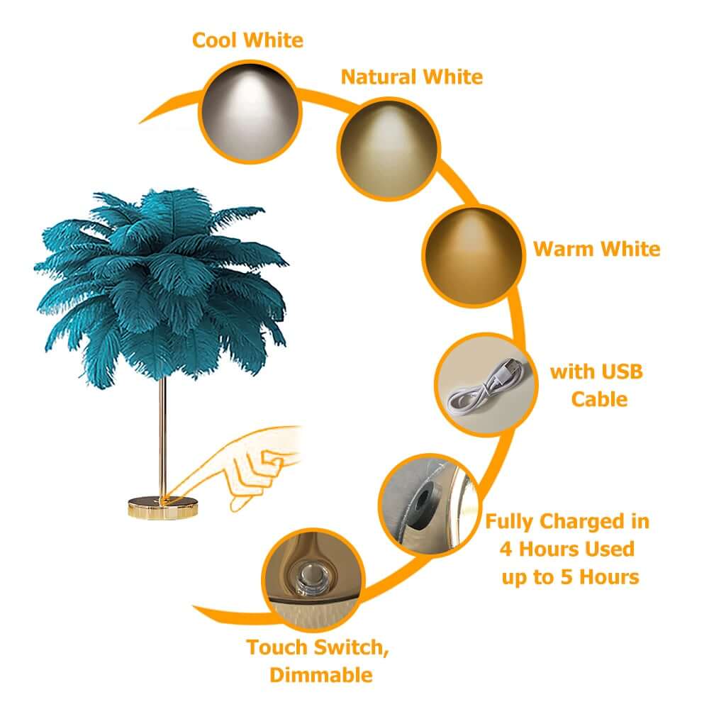 Art Deco Feather Table Lamp - LED Ambient Lighting with Natural Feathers