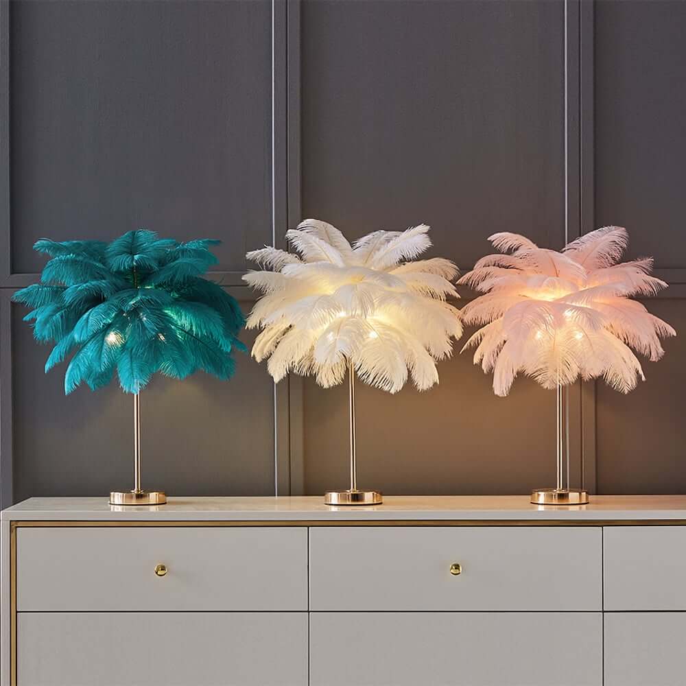 Art Deco Feather Table Lamp - LED Ambient Lighting with Natural Feathers
