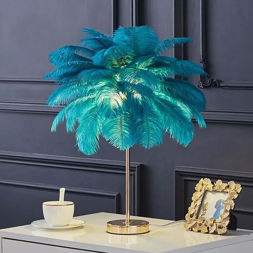 Art Deco Feather Table Lamp - LED Ambient Lighting with Natural Feathers