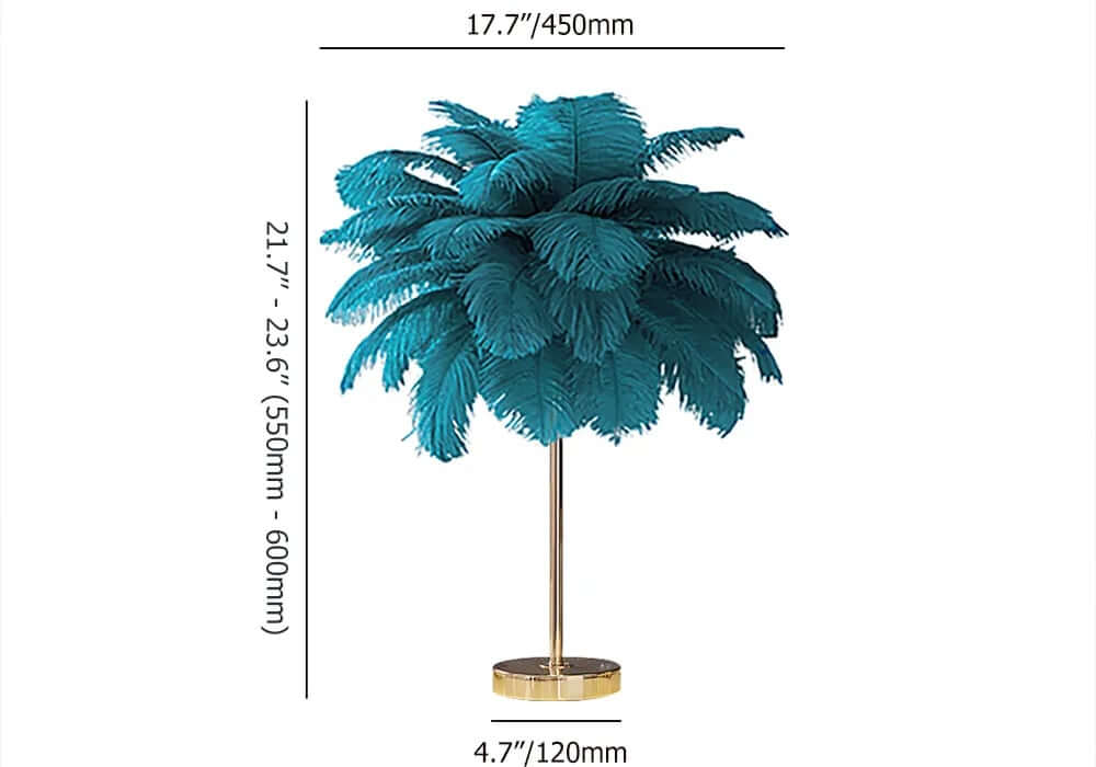 Art Deco Feather Table Lamp - LED Ambient Lighting with Natural Feathers Dimensions