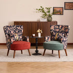 Art Deco Floral Wing Chair Series With Ottoman, Solid Wood Accent