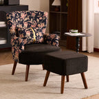 Art Deco Floral Wing Chair Series With Ottoman, Solid Wood Accent