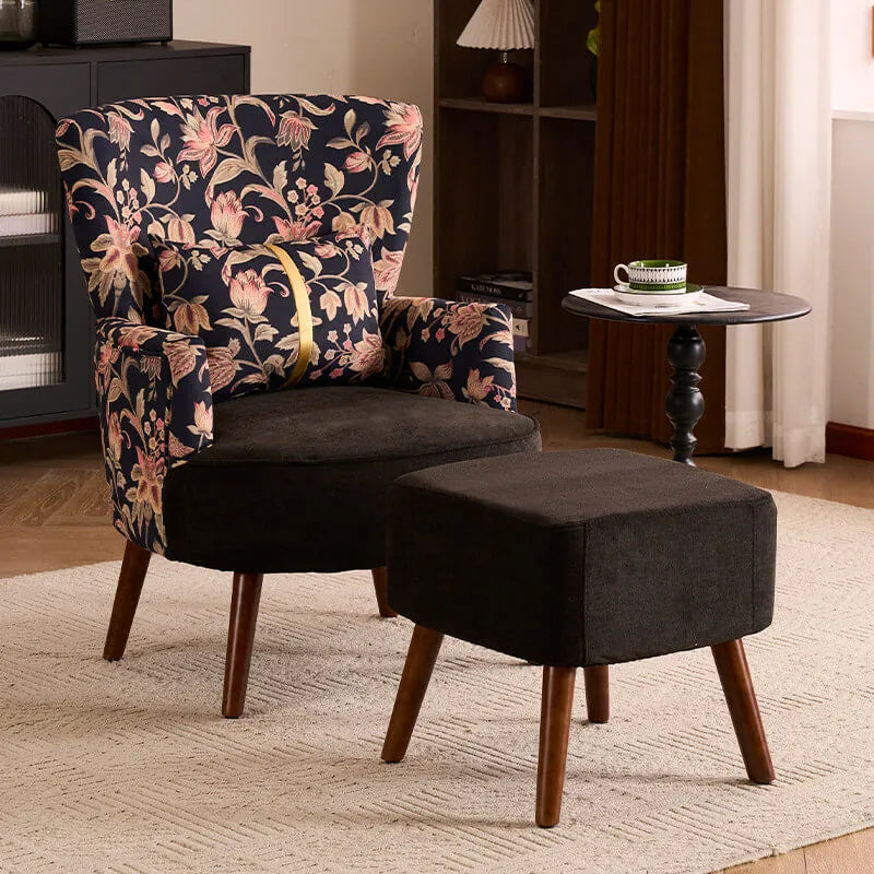 Art Deco Floral Wing Chair Series With Ottoman, Solid Wood Accent