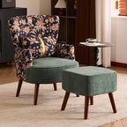 Art Deco Floral Wing Chair Series With Ottoman, Solid Wood Accent