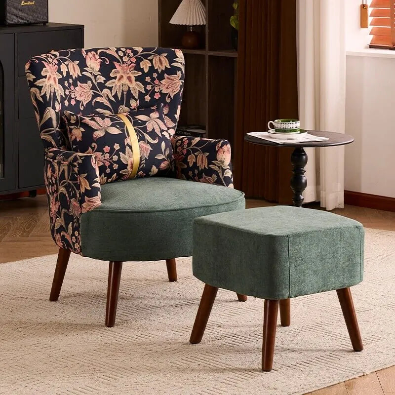Art Deco Floral Wing Chair Series With Ottoman, Solid Wood Accent