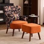 Art Deco Floral Wing Chair Series With Ottoman, Solid Wood Accent