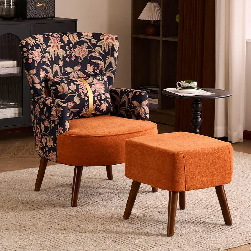 Art Deco Floral Wing Chair Series With Ottoman, Solid Wood Accent