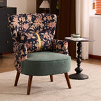 Art Deco Floral Wing Chair Series With Ottoman, Solid Wood Accent