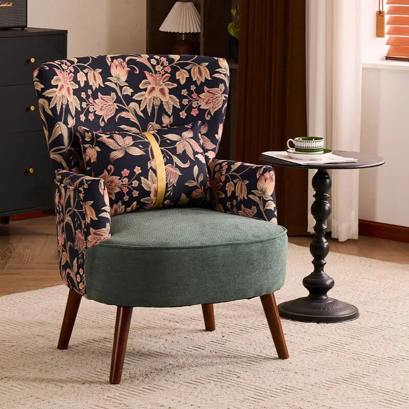 Art Deco Floral Wing Chair Series With Ottoman, Solid Wood Accent