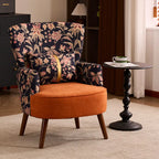 Art Deco Floral Wing Chair Series With Ottoman, Solid Wood Accent