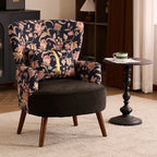 Art Deco Floral Wing Chair Series With Ottoman, Solid Wood Accent
