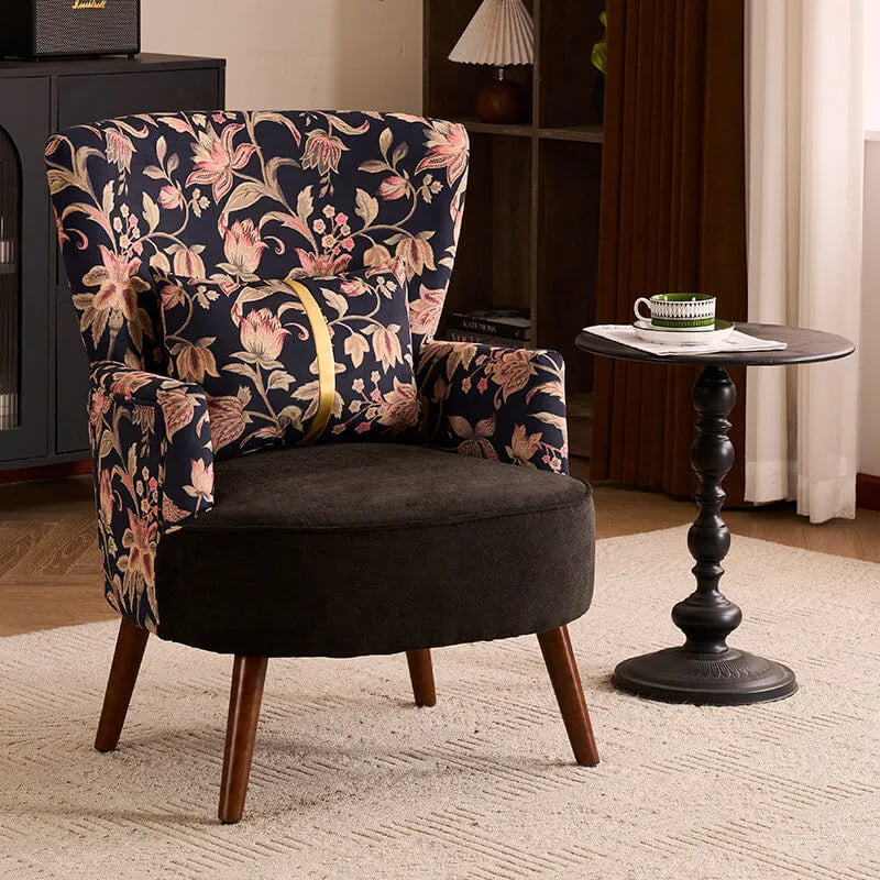 Art Deco Floral Wing Chair Series With Ottoman, Solid Wood Accent
