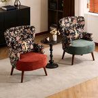 Art Deco Floral Wing Chair Series With Ottoman, Solid Wood Accent