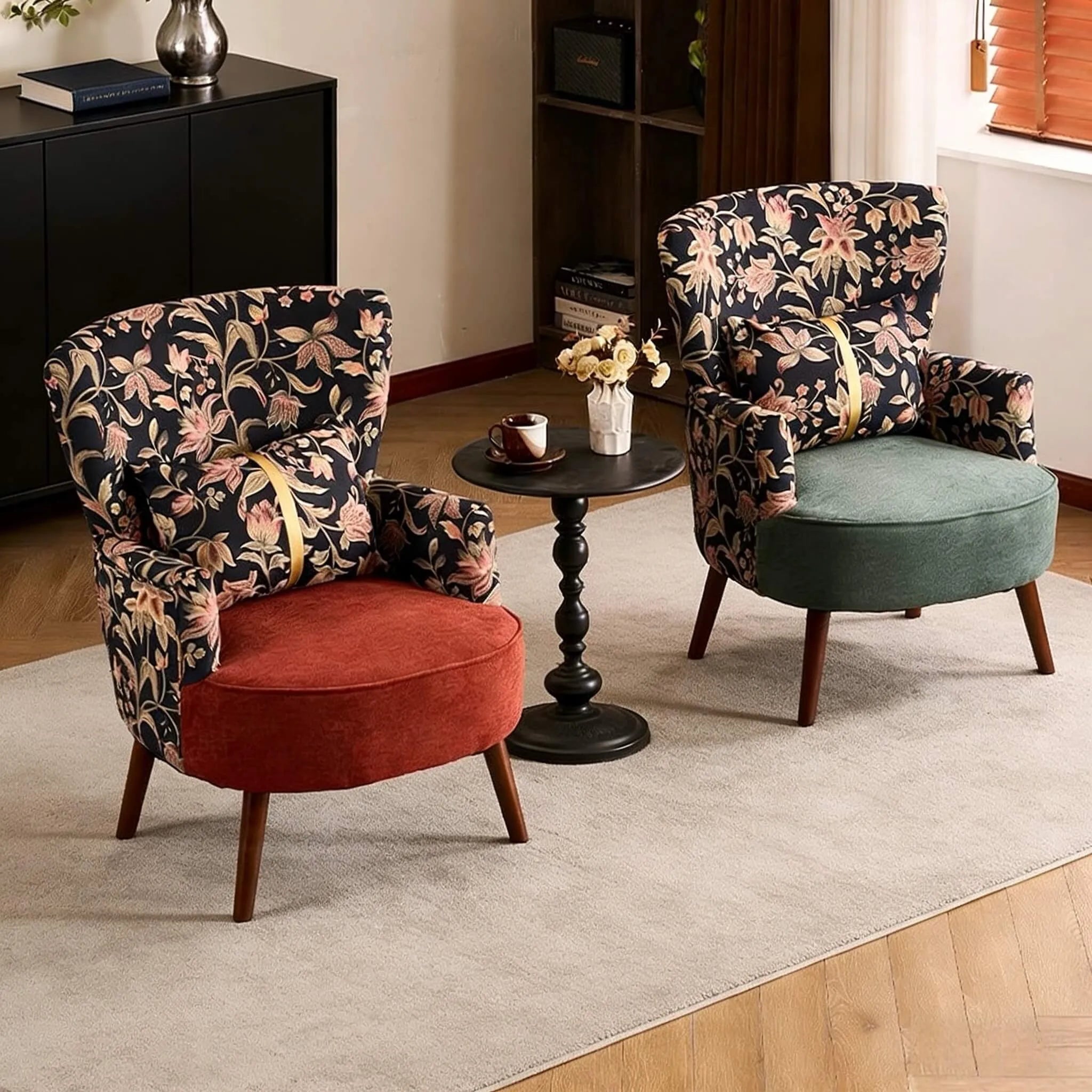 Art Deco Floral Wing Chair Series With Ottoman, Solid Wood Accent