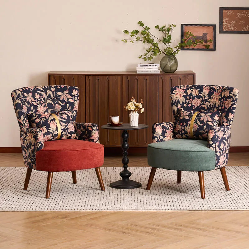 Art Deco Floral Wing Chair Series With Ottoman, Solid Wood Accent